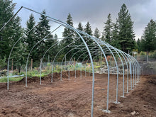 A large arched metal hoop house frame set up on a dirt garden bed, with a forest background under an overcast sky.