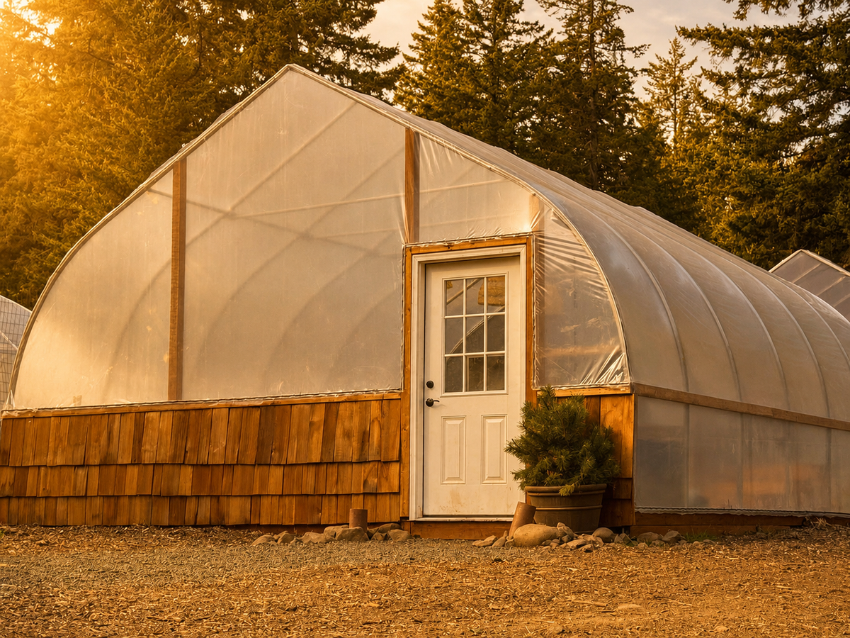 A large arched greenhouse with a translucent white plastic cover, wooden frame supports, and a white front door, shown outdoors among tall evergreen trees at sunset.