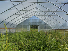 A greenhouse with a translucent plastic cover and metal frame structure, containing green plants growing inside.