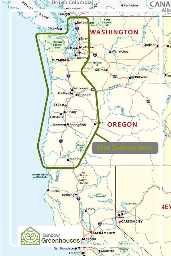 Sunbow Greenhouses free delivery area across the Pacific Northwest