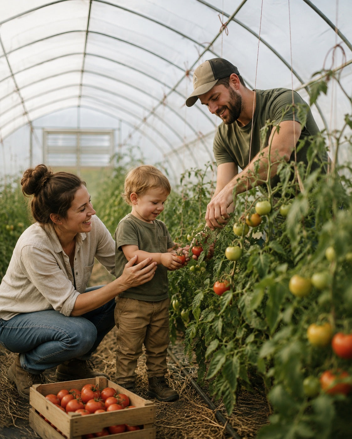 Family harvesting ripe tomatoes together inside a greenhouse