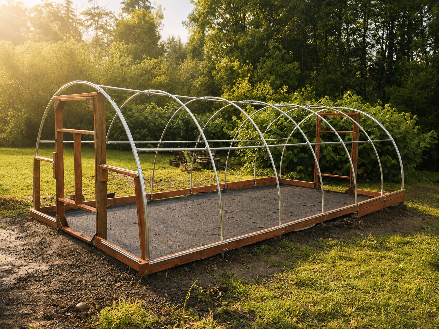 12 by 24 foot Quonset greenhouse frame ready for covering