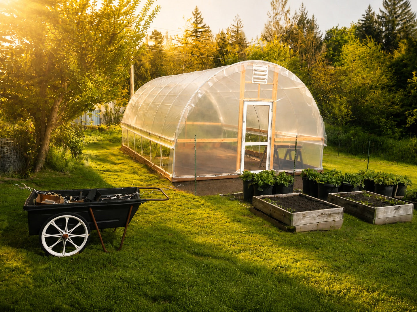 16 by 24 foot Quonset greenhouse in a backyard garden