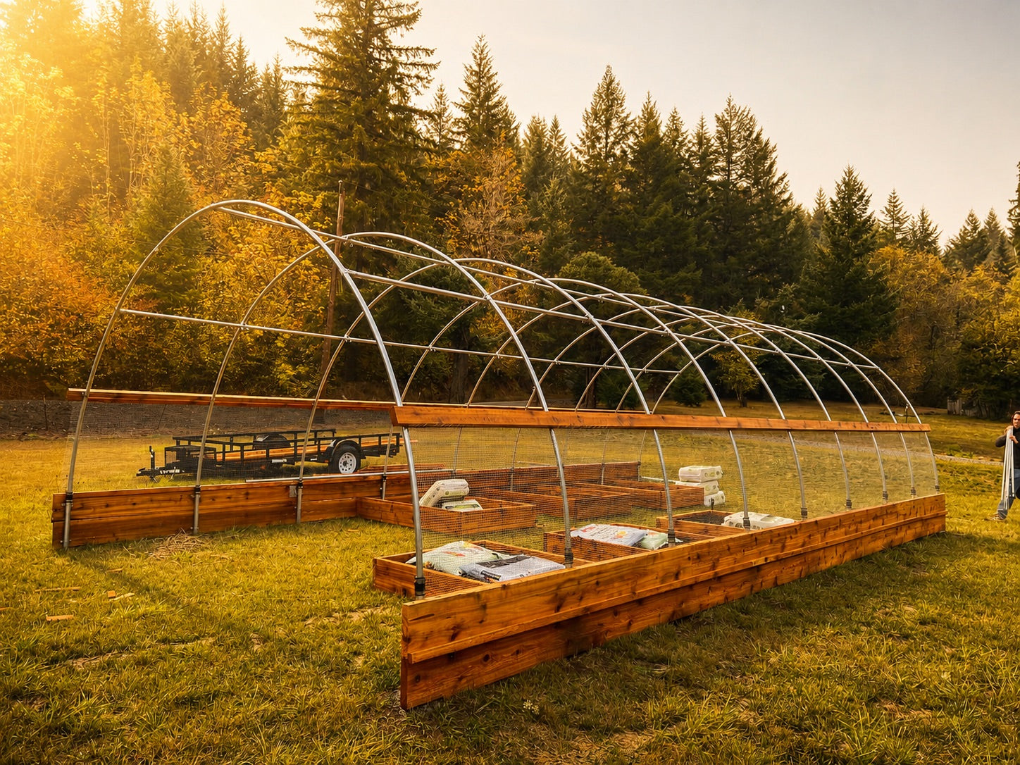 20 by 32 foot Quonset greenhouse frame with raised beds