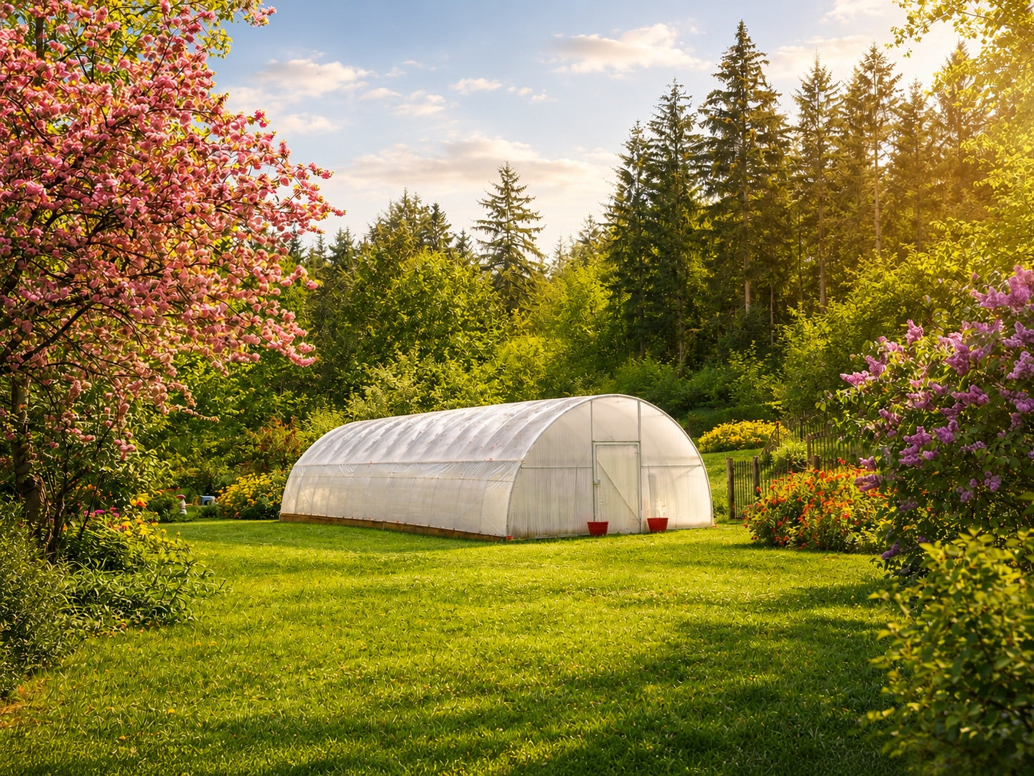 20 by 40 foot Quonset greenhouse in a landscaped garden